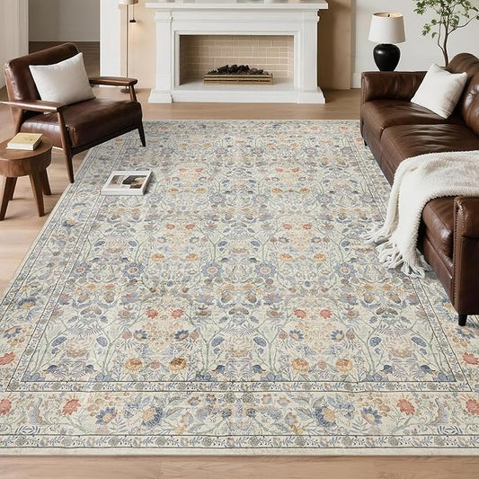 Washable Living Room Rug: 5x7 Boho Floral Soft Area Rug for Bedroom Decor - Vintage Low Pile Thin Carpet for Dining Room Non-Slip - Farmhouse Stain Resistant Rugs - Beige Blue