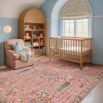 Kokia Boho Vintage Floral Area Rugs, Washable Oriental Botanical Rugs for Living Room, Bedroom, Dining Room, Office, Large Soft Indoor Area Rug, Rosette Pink，8x10