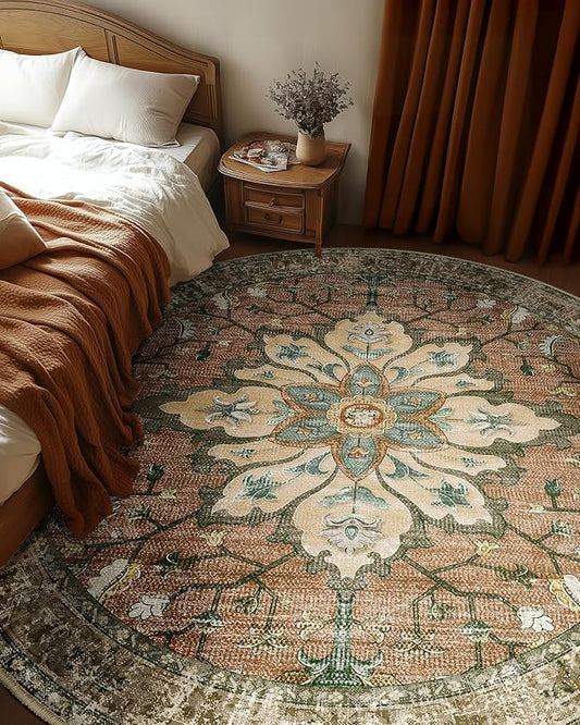 Area Rugs 7ft Washable Non-Slip, Floral Vintage Distress Print Pattern Medallion Carpet for Living Room Bedroom Dining Room, Brick Red Rust Neutral Brown Burnt Orange
