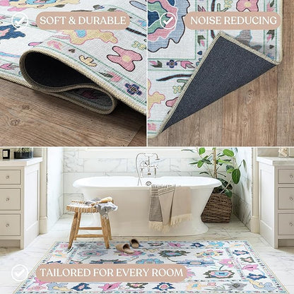 Fame Living Colorful Oushak Rug, Modern, Vintage, Turkish, Eclectic, Floral, Pastel, Washable, Area Rugs for Living Room, Dining, Bedroom, Nursery, Girls, Boys, 5'9"x8'9"