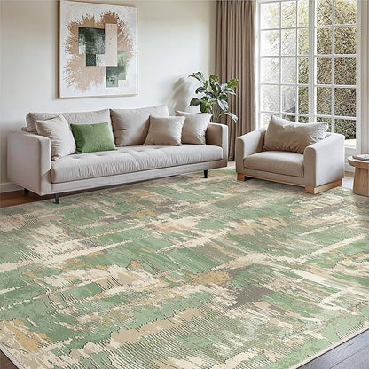 Washable Rug 8x10 Area Rug for Living Room Bedroom, Large Modern Abstract Rug Indoor Floor Carpets Low Pile No Shed Non-Slip with Rubber Backing Dining Room Kitchen Office (Green, 8'x10')