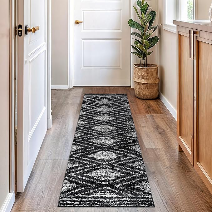 Rugshop Geometric Shag Runner Rug Anthracite Dark Gray and White 2' 3" x 8' Perfect for Hallways, Kitchens, or Behind The Sofa