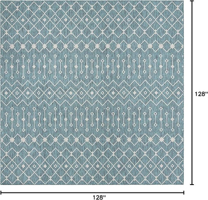 Unique Loom Outdoor Trellis Collection Area Rug - Tribal Trellis (10' 8" Square, Teal/ Ivory)