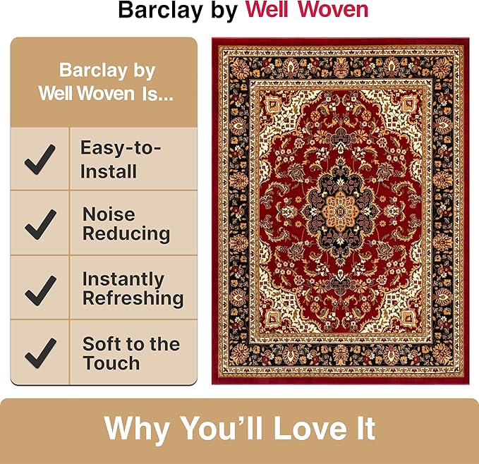 Well Woven Barclay Collection Medallion Kashan Red 8x10 Area Rug - for Living Room, Bedroom, and Dining Room