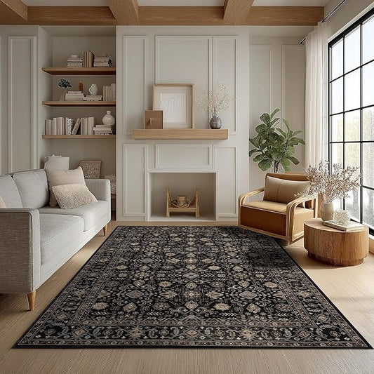 Area Rug Non Slip Machine Washable Ultra Soft Living Room/Bedroom/Kitchen/Outdoor/Classroom Black Gold, 6'×9'