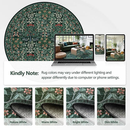 6' Round Area Rug - Floral Vintage Forest Washable Low Pile Non-Slip Carpet for Living Room, Bedroom, Dining Room, Office (Dark Green)