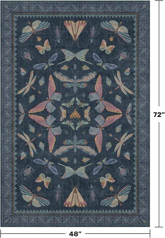 Blue Rugs for Bedroom - 4x6 Washable Area Rug for Large Entryway, Living Room, Kitchen Floor, Dark Whimsical Home Décor, Vintage Low Pile & Soft Non Slip Carpet