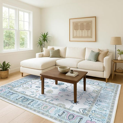 Fame Living Cream Green Oushak Runner Rug, Modern Runners, Turkish, Eclectic, Floral, Pastel, Washable, Small Rugs, Short Runner for Hallway, Entryway, Laundry, Foyer, Kitchen, Bathroom, 2'5"x6'5"