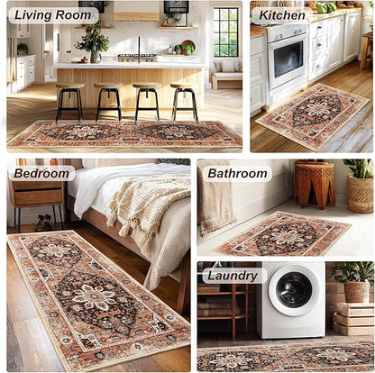 XWZO Entryway Area Rug 2x3ft — Soft Vintage Low Pile Non-Slip Backing Door Mat for Bedroom Bathroom Kitchen Laundry, Spill Resistant Washable Small Indoor Carpet for Doorway & Entrance, Brick Red