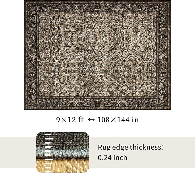 Washable Living Room Rug: 9x12 Boho Floral Soft Area Rug for Bedroom Decor - Vintage Low Pile Thin Carpet for Dining Room Non-Slip - Farmhouse Stain Resistant Rugs - Dark Brown