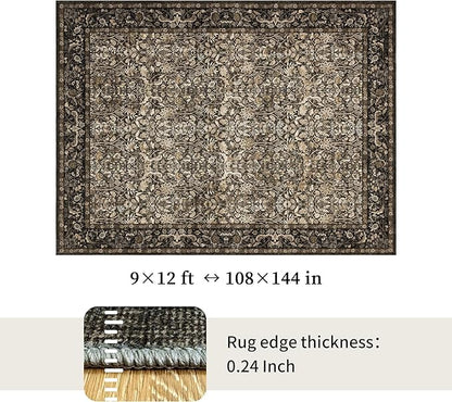 Washable Living Room Rug: 9x12 Boho Floral Soft Area Rug for Bedroom Decor - Vintage Low Pile Thin Carpet for Dining Room Non-Slip - Farmhouse Stain Resistant Rugs - Dark Brown