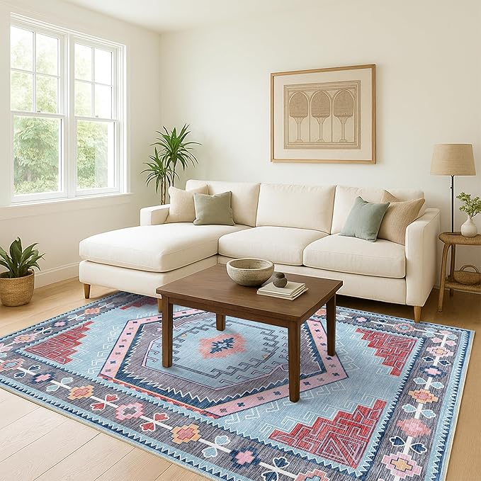 Fame Living Washable Area Rug. Modern Farmhouse. Vintage. Turkish. Bohemian. Distressed. Oriental. Traditional. Rugs for Living Room. Dining. Bedroom. Office. Entryway. Foyer. (856BlM, 5' x 6'9")