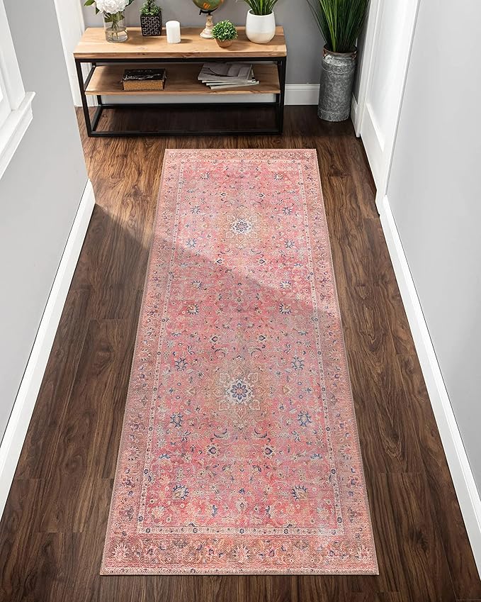 GLN Rugs Traditional Collection - Machine Washable Area Rug, Traditional Washable, Non Slip, Low Pile Chenille Rug, Living Room, Bedroom, Kitchen Rug (2'6" x 10' Pink/Cream)