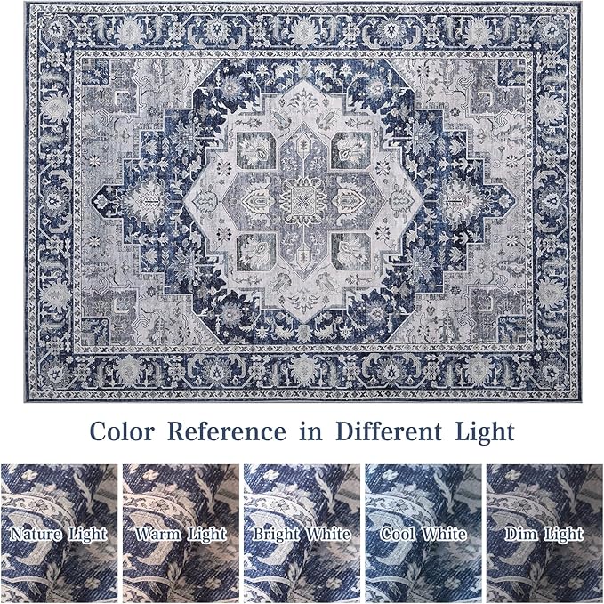 DUKINO 3x5 Rugs for Living Room, Soft Non-Slip Washable Area Rugs, Faux Wool Bedroom Rug with Non-Shedding, Indoor Low-Pile Boho Rugs for Dining Room, Home Office, Blue