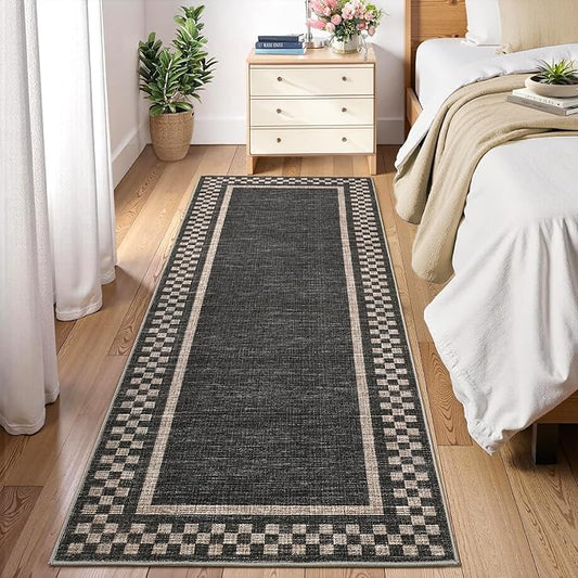 Rug Runners for Hallways 2x8 Washable Kitchen Runner Rug Non Slip Low Pile Bedside Throw Carpet Modern Bordered Bathroom Runners Checkered Area Rug for Living Room Bedroom Entryway Nursery, Black