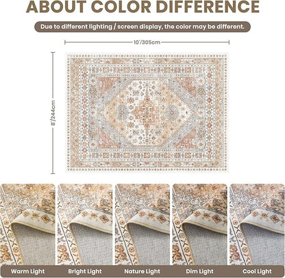 zesthome 8x10 Area Rugs for Living Room,Non-Slip Backing Washable Rugs,Vintage Large Area Rug，Stain Resistant Home Decor Rug (Orange,8'x10')