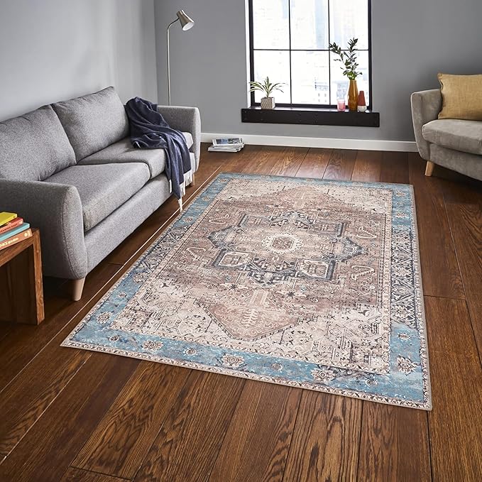 GLN Rugs Traditional Collection - Machine Washable Area Rug, Traditional Washable, Non Slip, Low Pile Chenille Rug, Living Room, Bedroom, Kitchen Rug (4' x 6' Brown/Blue)