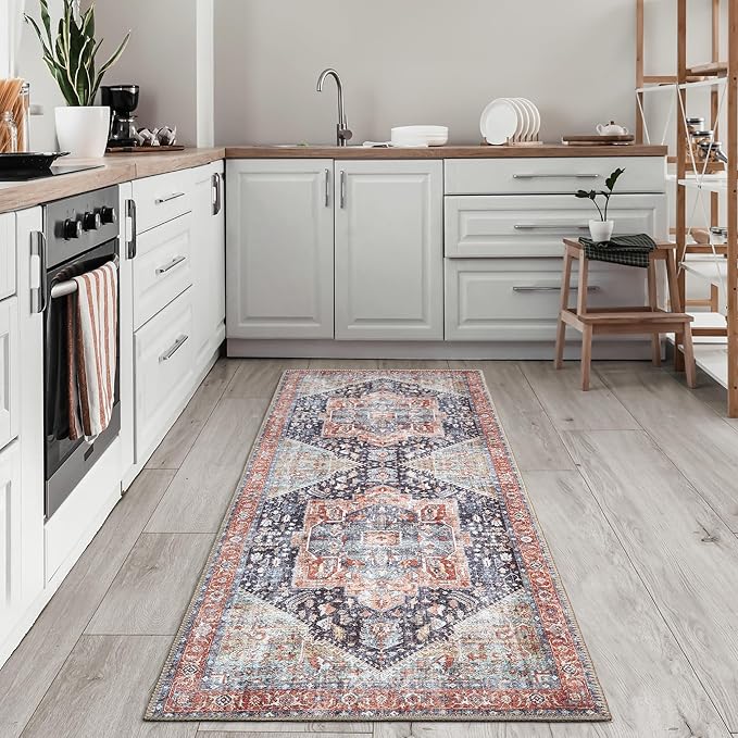 Bloom Rugs Washable Non-Slip 7 ft Runner - Terracotta/Blue Traditional Medallion Runner for Entryway, Hallway, Bathroom, and Kitchen - Exact Size: 2.5' x 7'