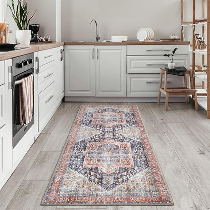Bloom Rugs Washable Non-Slip 7 ft Runner - Terracotta/Blue Traditional Medallion Runner for Entryway, Hallway, Bathroom, and Kitchen - Exact Size: 2.5' x 7'