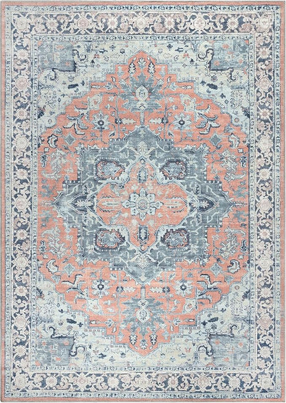 Bloom Rugs Washable Non-Slip 9' x 12' Rug - Coral/Blue Traditional Medallion Area Rug for Living Room, Bedroom, Dining Room, and Kitchen - Exact Size: 9' x 12'