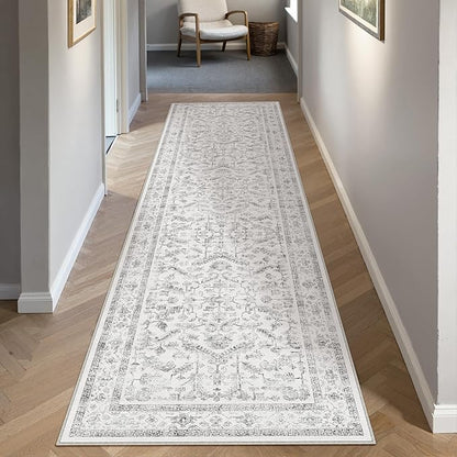 Grey 2x7 Runner Rug Vintage Area Carpet Hallway Indoor Kitchen Washable Neutral Low Pile Traditional Distressed Gray Retro Accent Throw Rug Non Slip for Laundry Bathroom Office