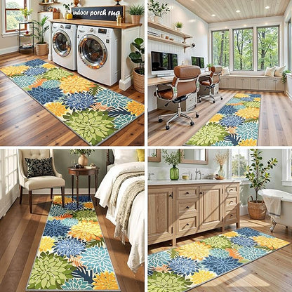 Colorful 2x6 Washable Runner Rug for Hallway Tropical Botanical Modern Floral Chenille Kitchen Rugs Low Pile Non Slip Carpet for Patio, Bedroom, Laundry, Green