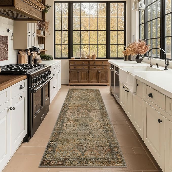 Bavni Kitchen Rug 2x5 Runner Rugs for Hallways Entryway, Washable Vintage Print Carpet, Ultra-Thin Chenille Low Pile Lightweight Rug with Non Slip Backing, Sepia
