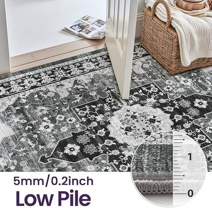 DEXI 6x9 Area Rug for Living Room, Washable Vintage Farmhouse Thin Rug Indoor Floor, Non Slip Stain Resistant Low Pile Carpet for Dining Room Bedroom Office, White Grey