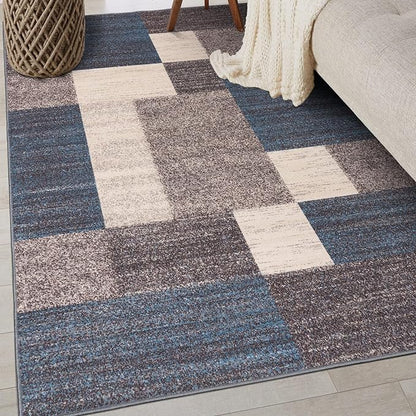 Rugshop Contemporary Blue Geometric Boxes Non-Slip Area Rug Non-Shedding for Living Room, Dining Room and Office, 3'3" x 5'