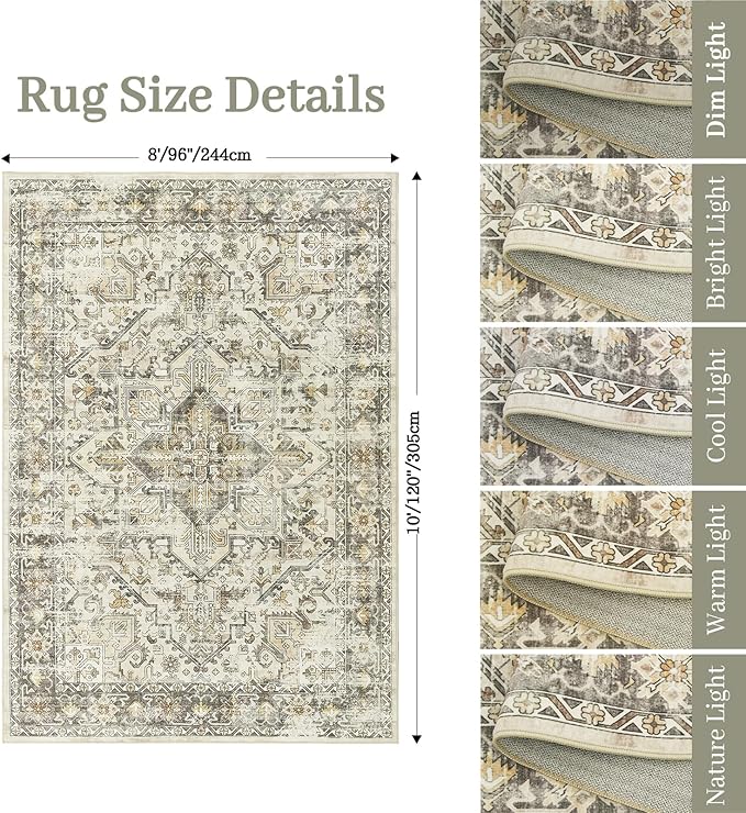 zesthome 8x10 Area Rugs for Living Room,Non-Slip Backing Washable Rugs,Vintage Large Area Rug，Stain Resistant Home Decor Rug (Beige/Brown,8'x10')