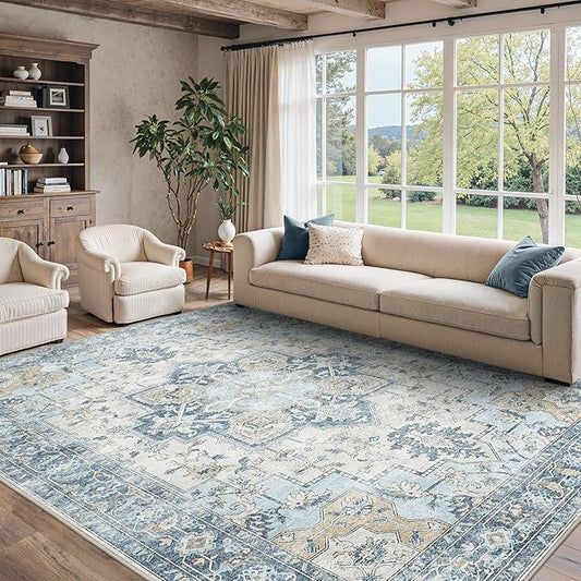 10x12 Area Rugs for Living Room, Machine Washable Rug, Non Slip Vintage Rugs, Low Pile Lightweight Print Rug for Bedroom, Dining Room, Home Office, Blue