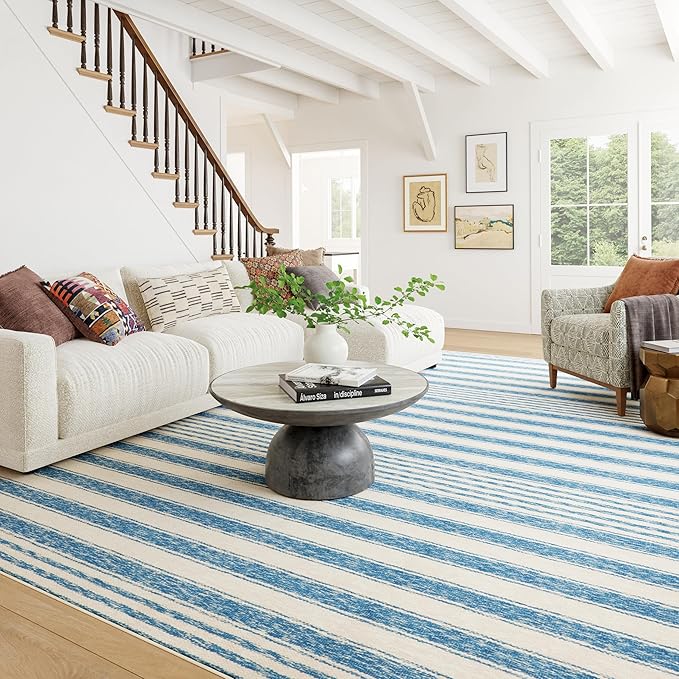 Dash & Albert Vion Blue Machine Washable Rug, 8.5 X 11.5 Feet, Blue/Grey Stripe Pattern
