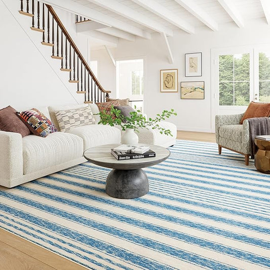 Dash & Albert Vion Blue Machine Washable Rug, 2 X 3 Feet, Blue/Grey Stripe Pattern