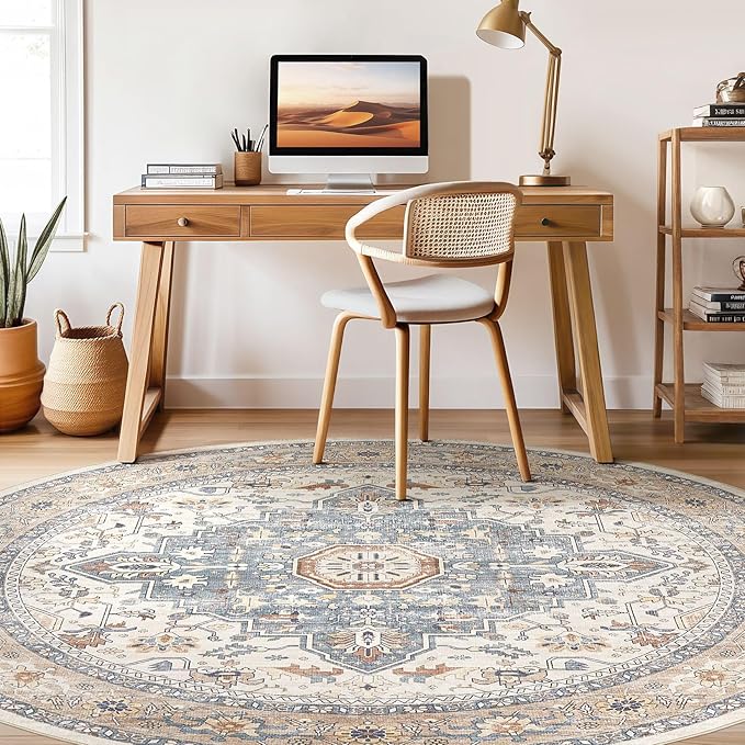 Round Rug Living Room Rugs: 7x7 Washable Boho Neutral Large Circle Soft Indoor Distressed Stain Resistant Floor Farmhouse Carpet for Bedroom Nursery Kids Playroom Office Dining Room Dorm- Beige Blue