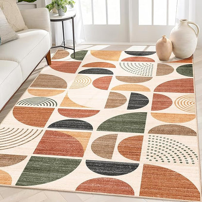 MUJOO Boho Rug Washable,4x6.5 Area Rugs for Bedroom Living Room Bedside Office,Throw Floor Carpet Non Slip Soft Indoor Modern Abstract Bohemian Terracotta
