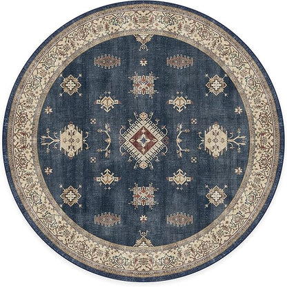RUGGABLE Washable Vintage Area Rug – Verena Sapphire 8 ft Round, Stain-Resistant, Non-Slip – Large Machine Washable Rugs for Living Room, Bedroom, Hallway, Entryway & Office–with Standard Pad
