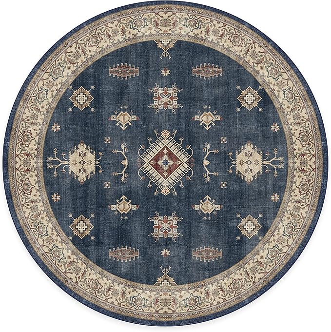 RUGGABLE Washable Vintage Area Rug – Verena Sapphire 8 ft Round, Stain-Resistant, Non-Slip – Large Machine Washable Rugs for Living Room, Bedroom, Hallway, Entryway & Office–with Cushioned Pad