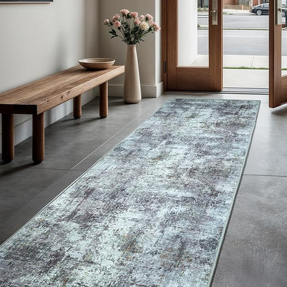 GLN Rugs Contemporary Collection - Machine Washable Area Rug, Contemporary Washable, Non Slip, Low Pile Chenille Rug, Living Room, Bedroom, Kitchen Rug (2'6" x 10' Grey/Green)