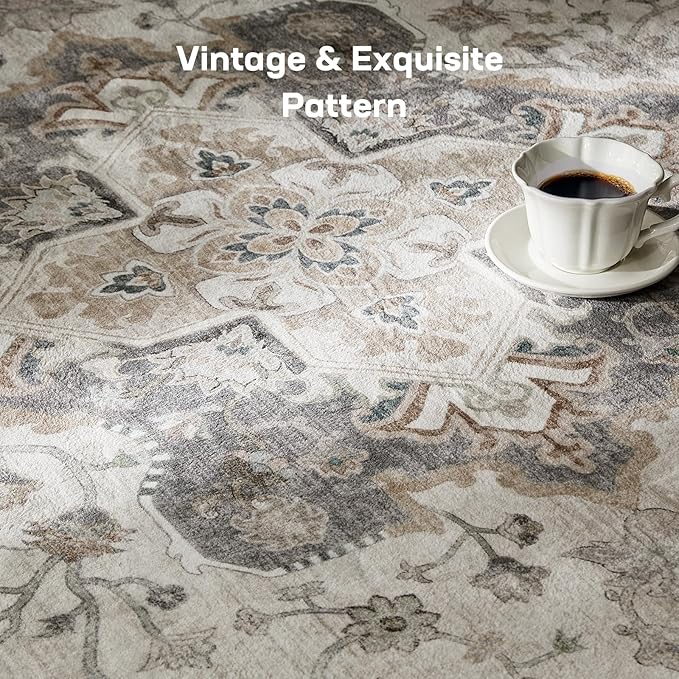 Marsail 8x10 Washable Area Rug, Soft & Slip-Resistant Large Area Rug with Reinforced Bound Edges, Vintage Short-Pile Washable Rug with Floral Pattern for Living Room, Dinning Room and Bedroom, Brown