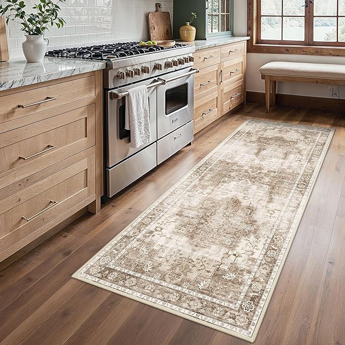 Runner Rug 2'6''x6 Non Slip Machine Washable Vintage Hallway Runner Rug, Low PileLight Weight Rugs for Entryway, Hallway, Kitchen and Corridor, Latte Beige