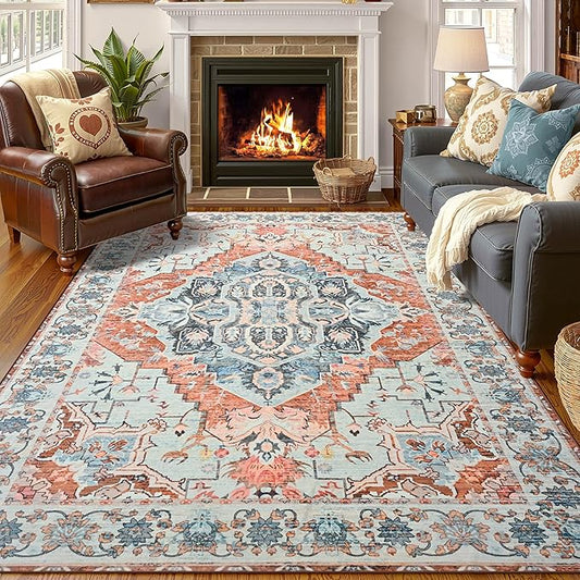 YJ.GWL Area Rugs for Living Room 4x6 Machine Washable Rugs for Bedroom, Non Slip Floral Vintage Rug Indoor Carpet, Stain Resistant Throw Rug for Dining Room Kitchen, Copper Tan
