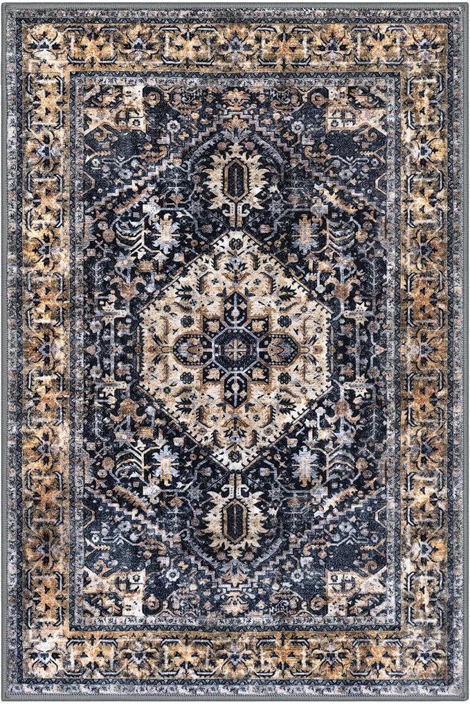 KOZYFLY Boho Area Rug 6x9 Ft Thin Rugs for Living Room Washable Bedroom Rug Non Slip Rugs for Living Room Gold Navy Printed Faux Wool Vintage Bedroom Rug Floor Carpet for Dining Room