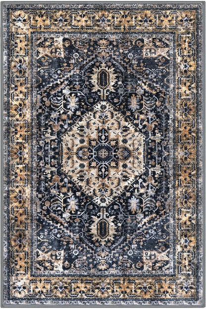 KOZYFLY Boho Area Rug 5x7 Ft Thin Rugs for Living Room Washable Bedroom Rug Non Slip Rugs Gold Navy Printed Faux Wool Vintage Bedroom Rug Floor Carpet for Dining Room Living Room