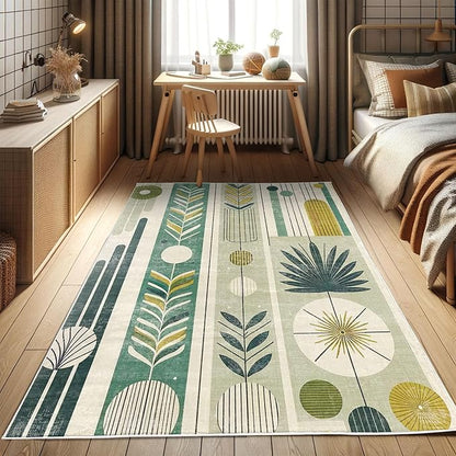 Ambesonne Mid Century Modern Decorative Rug, Abstract Circles Leaves and Stripes in Nature Color Palette, Quality Carpet for Bedroom Dorm and Living Room, 4' X 5' 5", Fawn Teal Pale Green