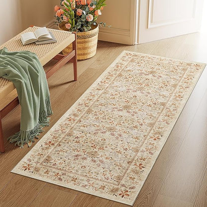 DUKINO 2x5 Washable Runner Rug, Floral Non Slip Bathroom Rugs with Soft Low Pile Design, Lightweight Non-Shedding Carpet Runner for Bathroom, Kitchen, Hallway, Bedroom, Laundry, Beige