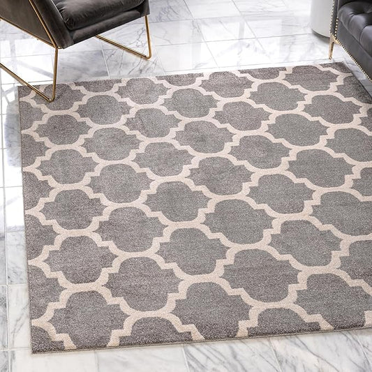 Rugs.com Lattice Collection Rug – 8 Ft Square Dark Gray Medium-Pile Rug Perfect for Living Rooms, Kitchens, Entryways