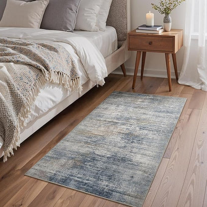 Bavni Washable Rug, Soft Abstract Rugs Non-Slip, Thin Foldable 3x5 Rug, Modern Stain Resistant Area Rug for Living Room, Kitchen, Bedroom, Blue/Light Grey
