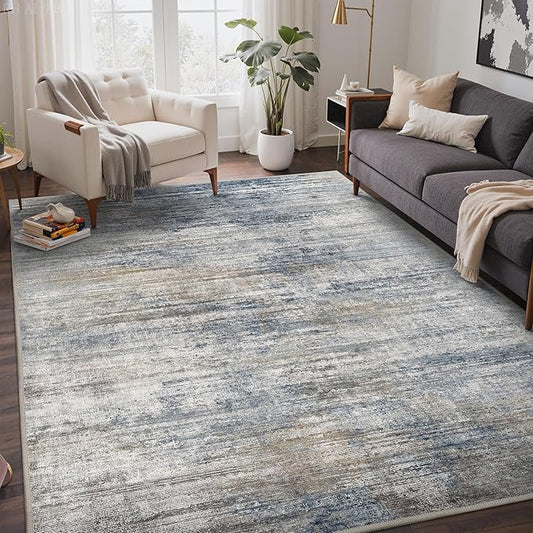 Bavni 5x7 Rug, Machine Washable Rug Non-Slip, Soft Modern Lightweight Area Rug, Stain Resistant Rugs for Living Room, Bedroom, Dining Room, Blue/Light Grey