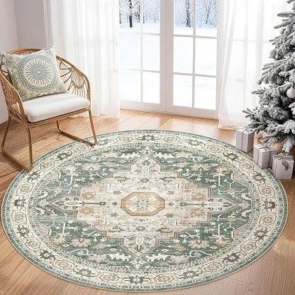 Round Rug Living Room Rugs: 5x5 Washable Boho Neutral Large Circle Soft Indoor Distressed Stain Resistant Floor Farmhouse Carpet for Bedroom Nursery Kids Playroom Office Dining Room Dorm- Green