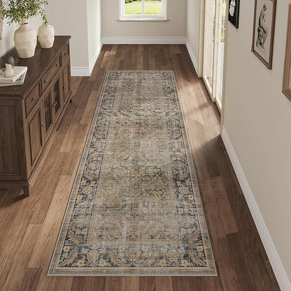 Fmfunctex 2x6 Runner Rug Brown Vintage Neutral Washable Distressed Non Slip Low Pile Indoor Carpet Soft Retro Hallway Entryway Rug for Kitchen Living Room Bedroom Bathroom Laundry Entry Bedside, Multi